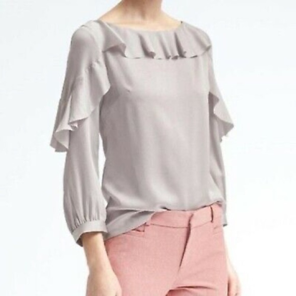 Banana Republic Ruffle top silver/gray satin long sleeve women's XS